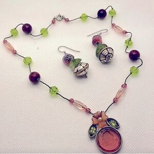 ❌ not for sale Vintage signed Extasia Rose glass Intaglio pendant silk Necklace